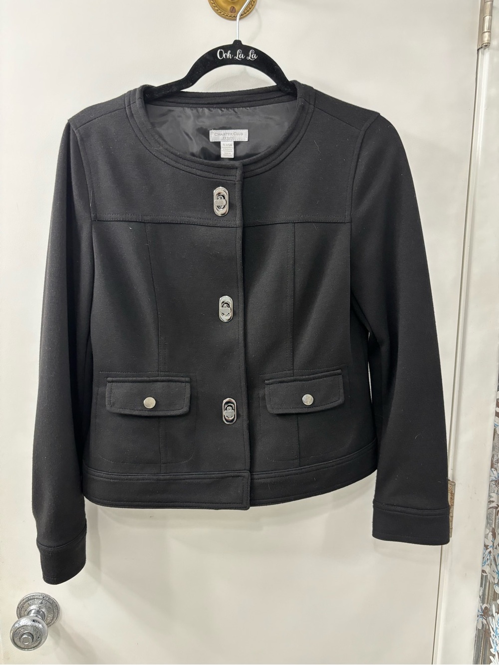Charter Club Black Collarless Button Jacket